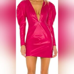 Sexy Fuchsia Pink 💯 Leather With Pockets V-Neck Dress Genuine Leather Dress